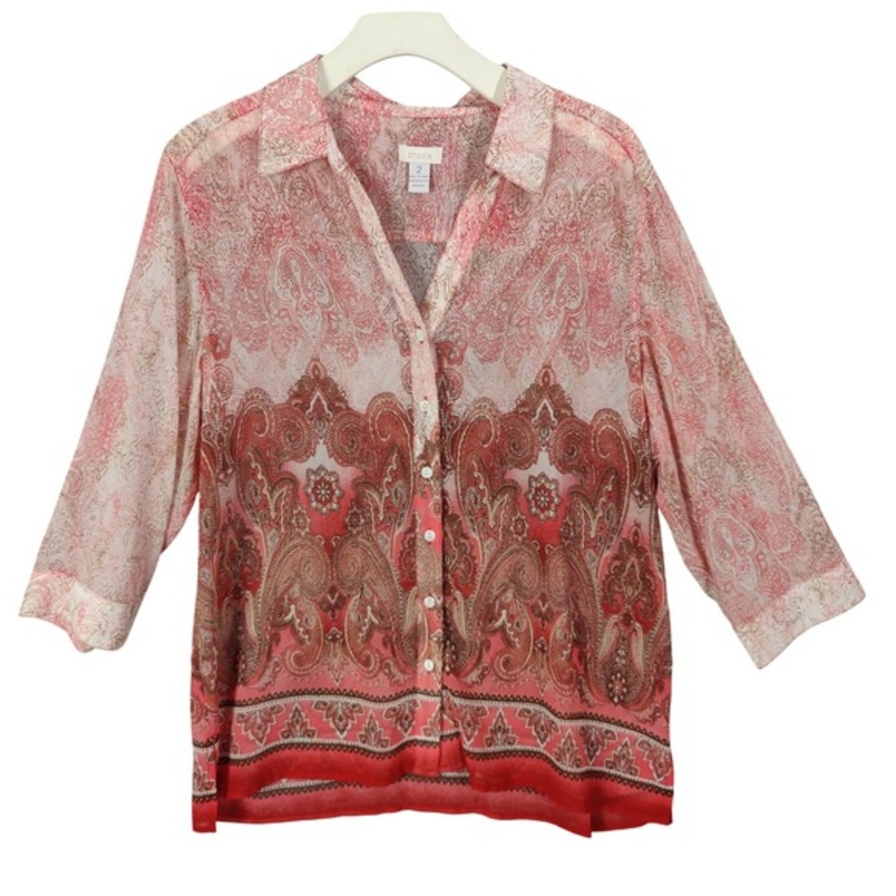 Chicos Womens Airy Artsy Paisley Button Up Blouse 2 L Red Pink 3/4 Sleeve Top